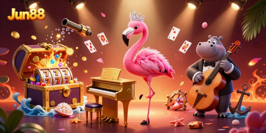 Experience vibrant gaming action at Jun88 with lively casino characters and scattered slot elements.