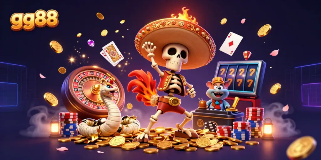Experience the excitement of gg88 with a vibrant 3D casino scene featuring a skeleton mariachi rooster, a mummy snake, and a zombie hamster DJ.