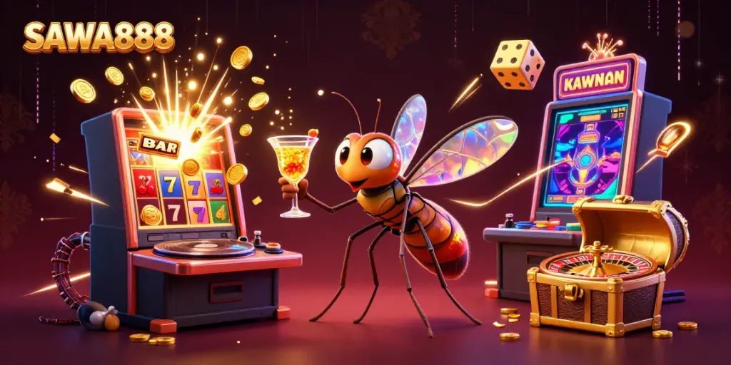 SAWA888 promo illustration showcasing a lively casino atmosphere with a unique mascot character and gaming elements.