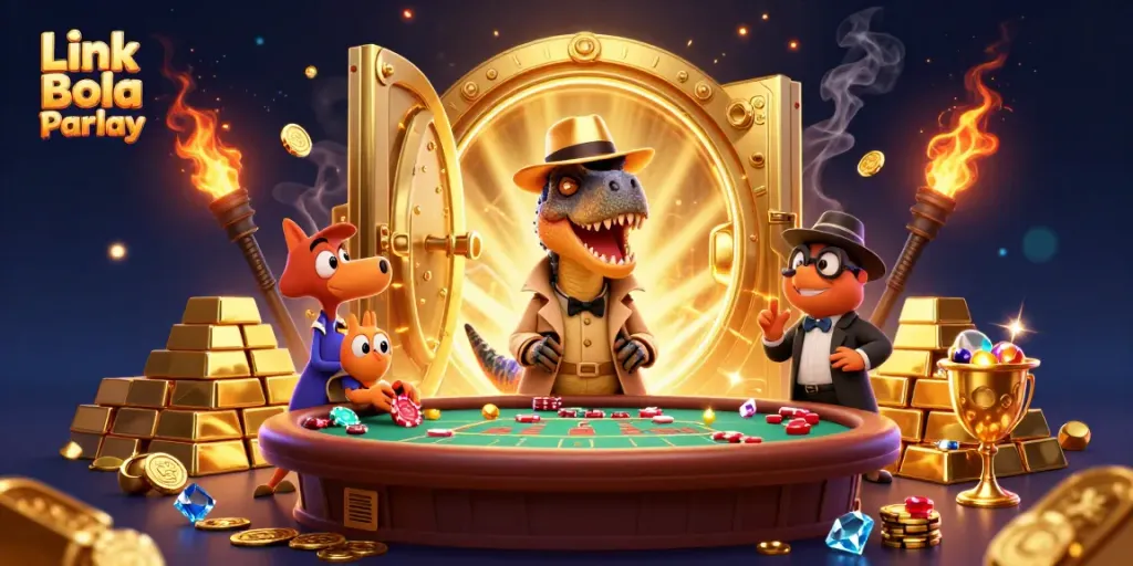 Win big with Link Bola Parlay at a vibrant casino scene filled with excitement and treasure.