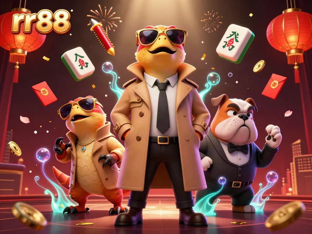 Betting excitement at rr88 with raptors and a bulldog in a vibrant casino scene