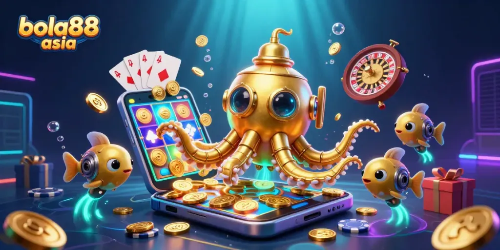 Bola88 asia showcases an engaging 3D underwater scene with a kraken submarine amidst golden coins, highlighting vibrant online gaming elements.