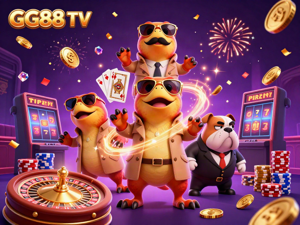 Engage in exciting gaming with GG88 TV featuring raptors in a trench coat entering a casino lounge.