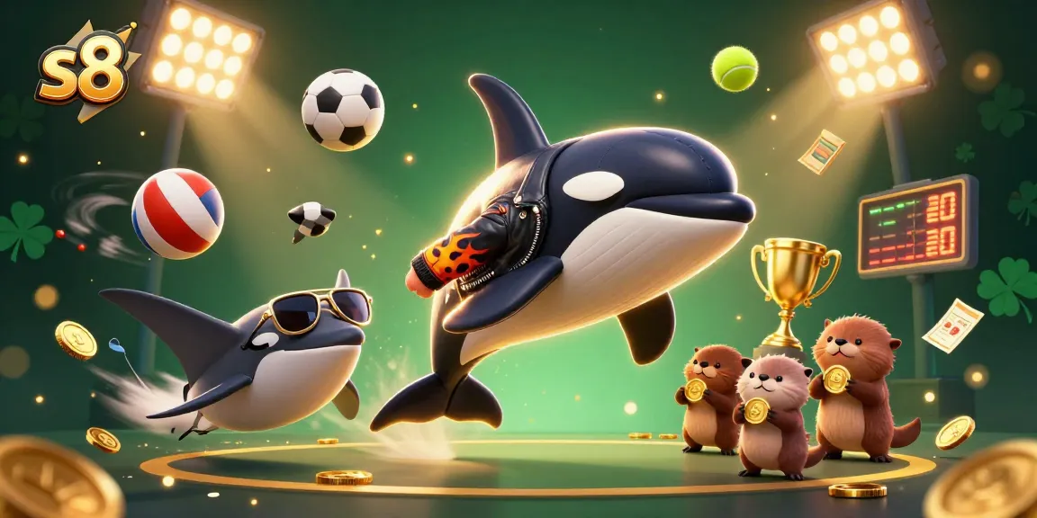 Experience thrilling sports betting action at s8 with an orca biker jumping amid flying sports balls and gold!