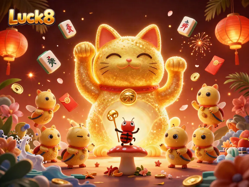 Luck8 showcases a giant golden lucky cat formed by fireflies surrounded by vibrant casino elements.