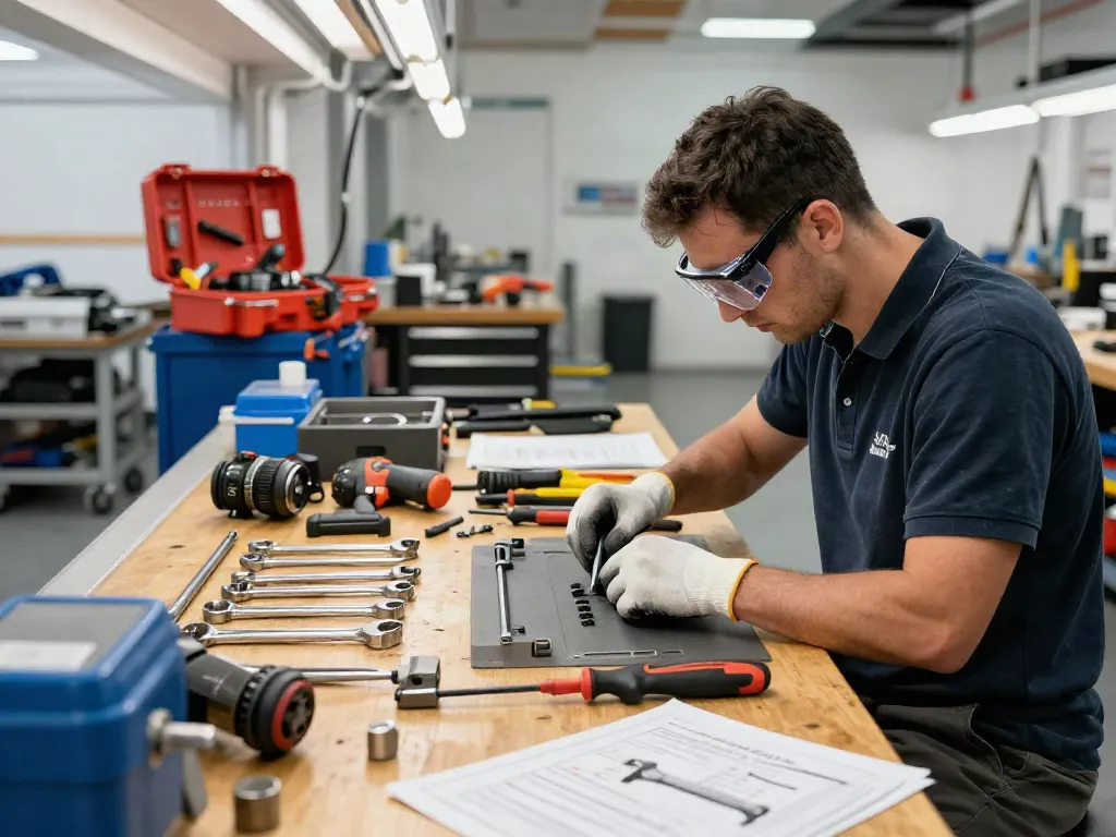 Uso di beta tools in un moderno laboratorio di lavoro, con un tecnico al banco di lavoro.