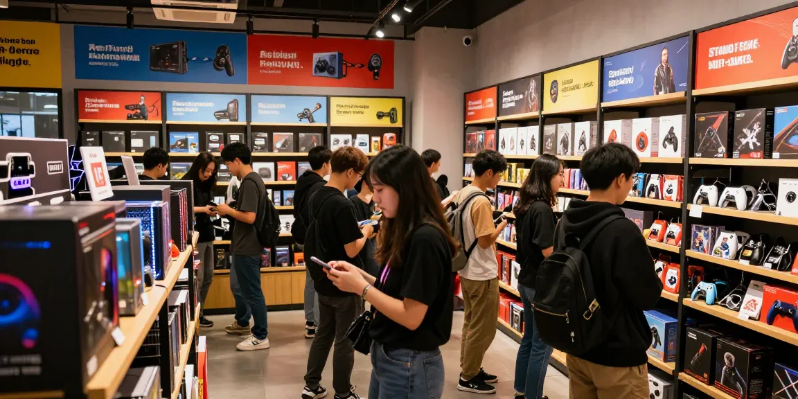 Shopping for rokok88 gaming merchandise in a vibrant urban retail store with diverse products and lively atmosphere.