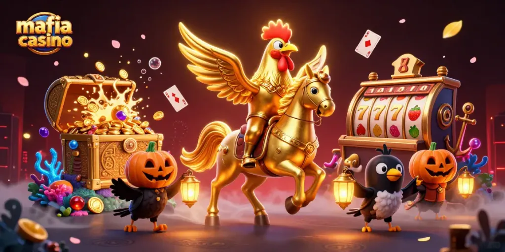 Mafia casino scene with a golden rooster riding a spectral horse, surrounded by dynamic casino elements and treasures.