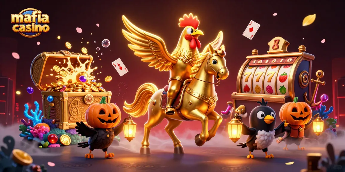 Mafia casino scene with a golden rooster riding a spectral horse, surrounded by dynamic casino elements and treasures.