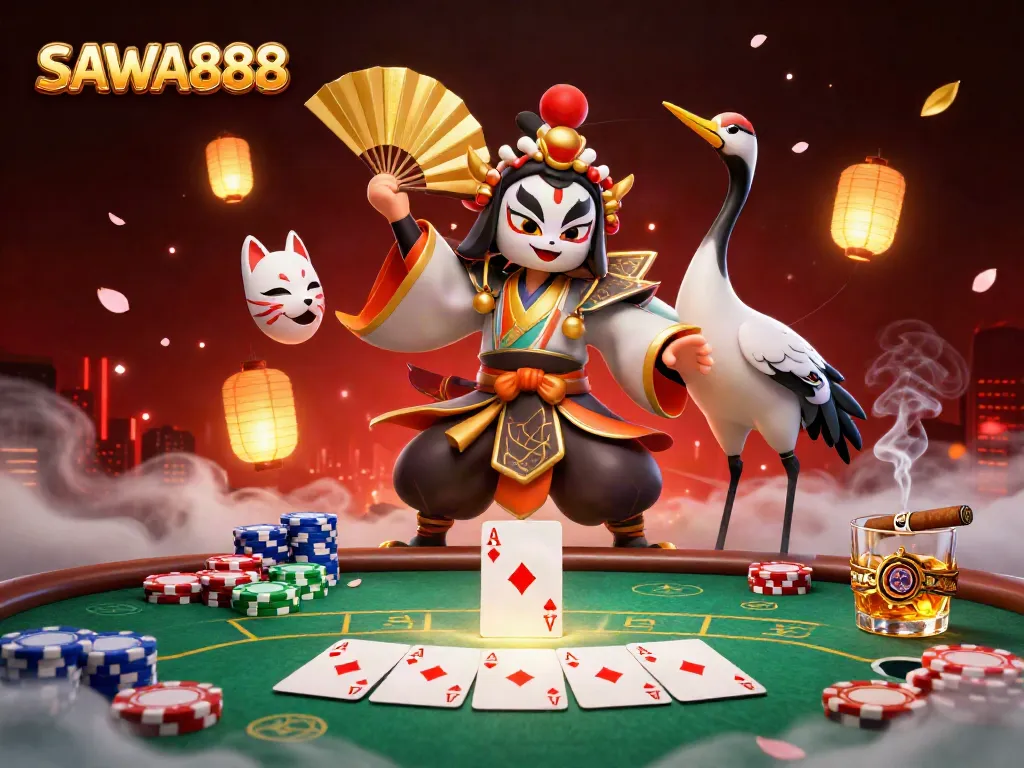 Experience the vibrant casino atmosphere with SAWA888, featuring a kabuki warrior and poker elements.