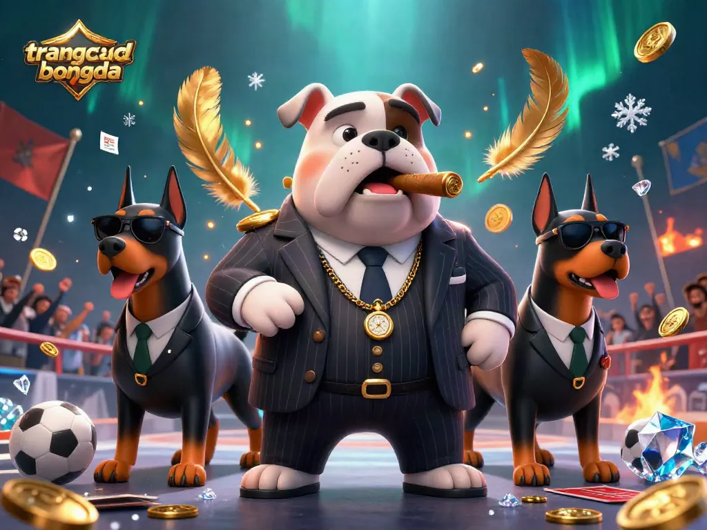 Experience sports betting excitement with trangcadobongda’s animated scene featuring a mafia boss bulldog and bodyguards.