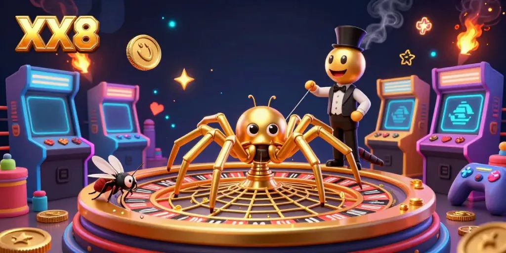 Join the excitement at XX8 casino with a vibrant 3D scene illustrating games and betting.