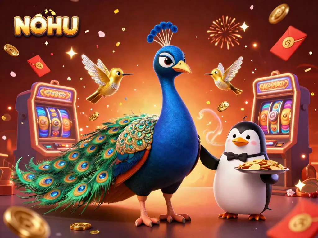 Spin to win with NOHU in this vibrant casino-themed illustration featuring a peacock and butler penguin.
