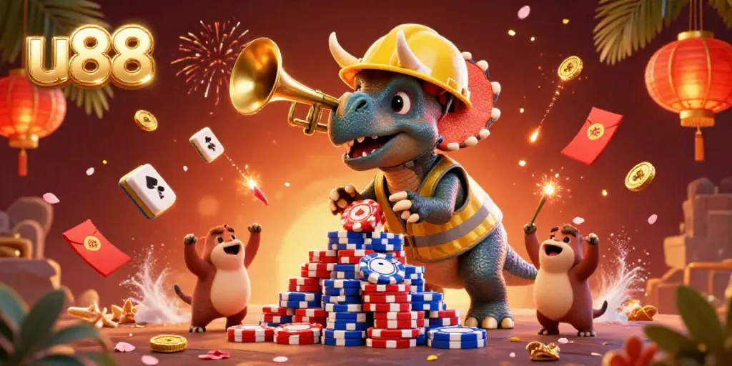 Celebrate at u88 with vibrant 3D characters building poker chips amidst festive elements.