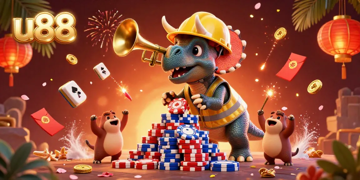 Celebrate at u88 with vibrant 3D characters building poker chips amidst festive elements.