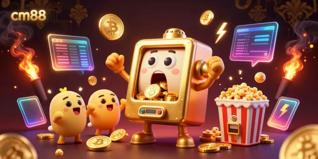Engage with cm88's golden slot machine hitting a jackpot while cheerful baby machines and a popcorn machine celebrate.