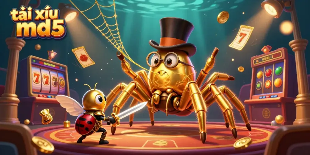 Engage in exciting gameplay with tài xỉu md5, featuring a vibrant casino scene with a golden tarantula and dynamic casino elements.