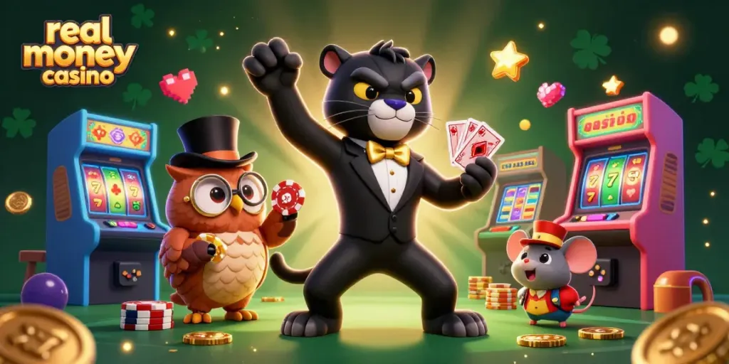 Engage with real money casino action illustrated by a stylish tuxedo panther dealing cards.