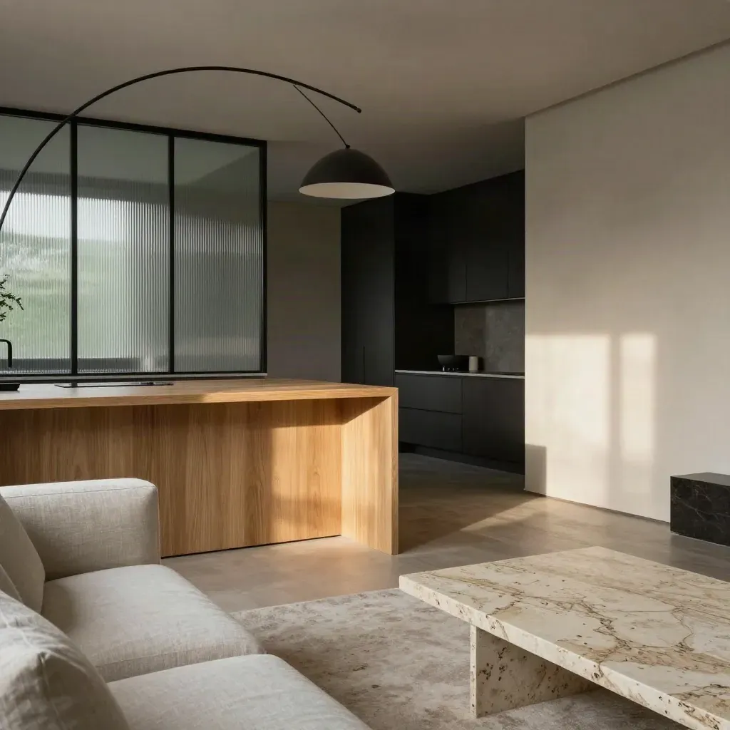 Open-space milanese con isola in rovere, tavolino in travertino e luce mattutina drammatica.
