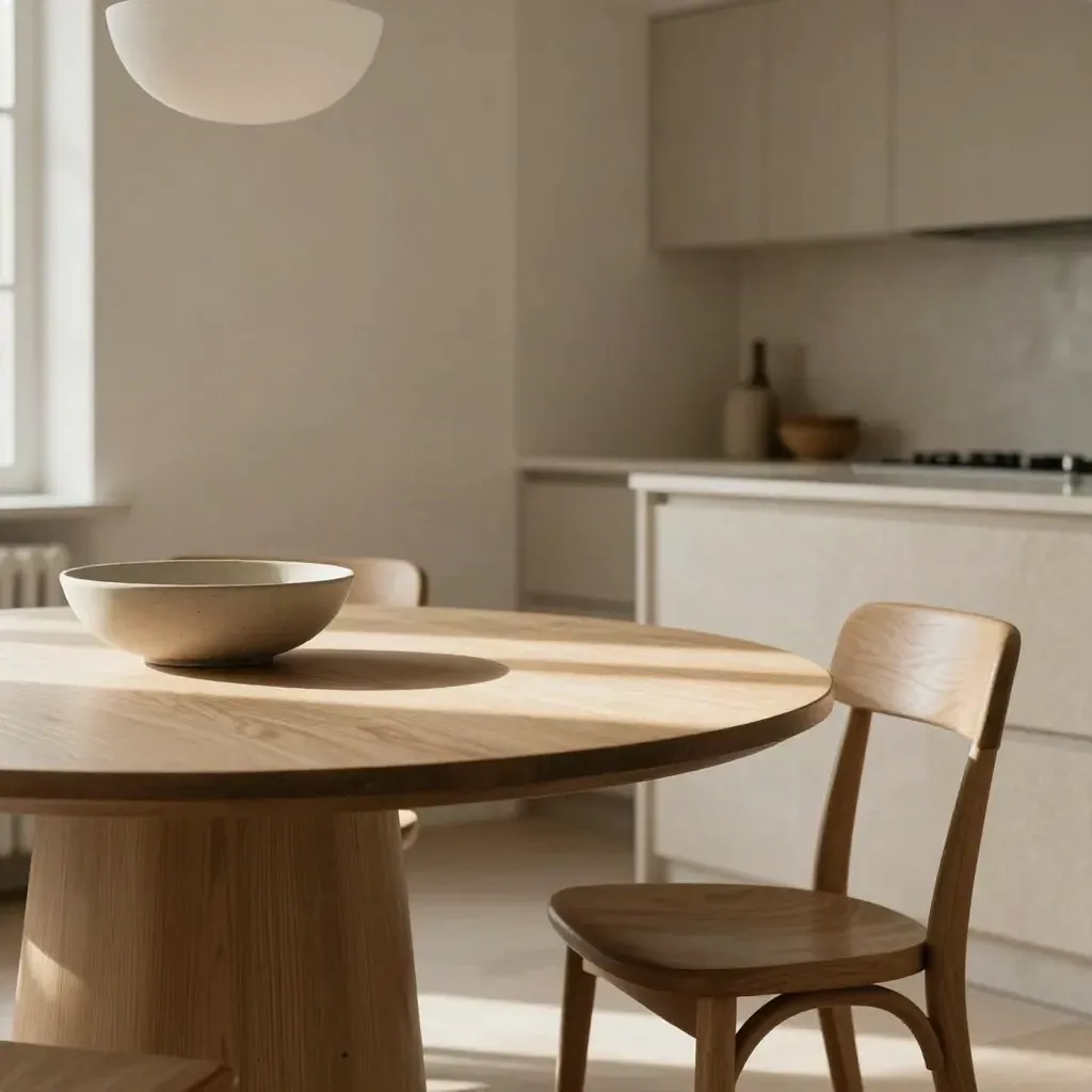 Tavolo rotondo in rovere con due sedie leggere e lampada morbida in cucina aperta luminosa