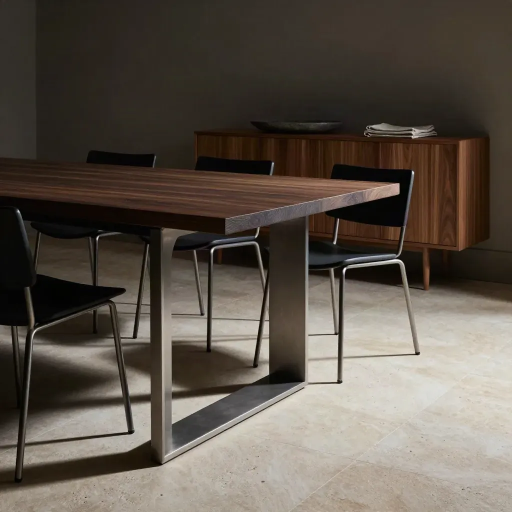 Zona pranzo moderna in legno e metallo al crepuscolo, con credenza in rovere fumé.