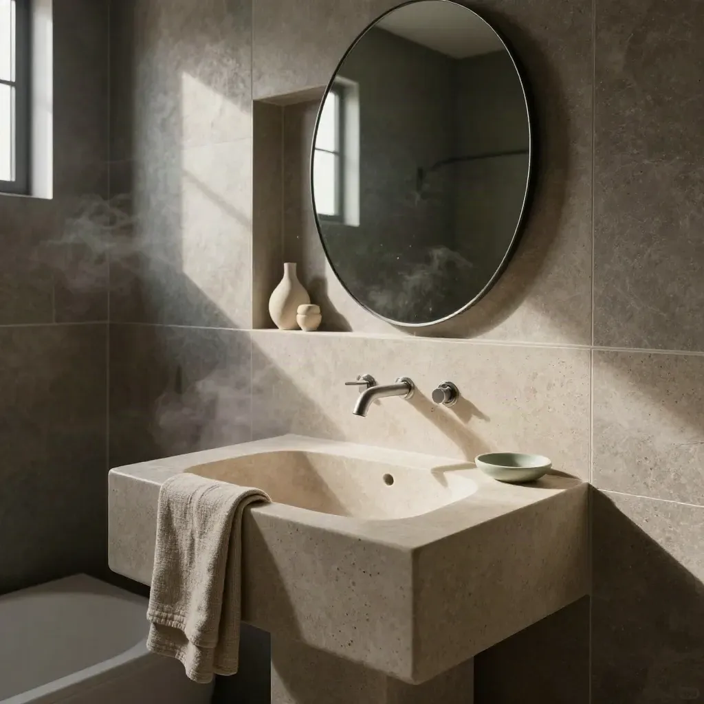Bagno minimal con lavabo in travertino, specchio ovale e nicchia con ceramiche salvia.