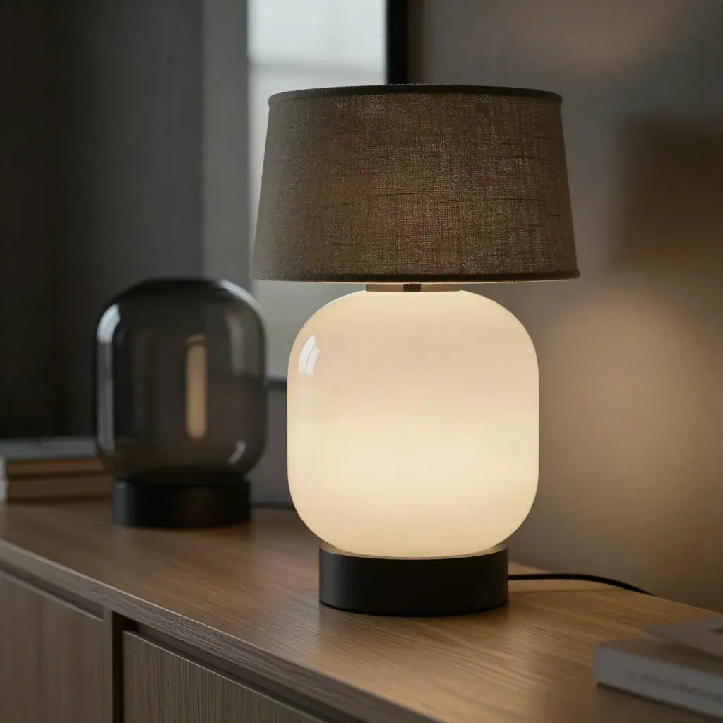 Due lampade da tavolo su credenza in rovere, una accesa e una spenta, luce serale morbida.
