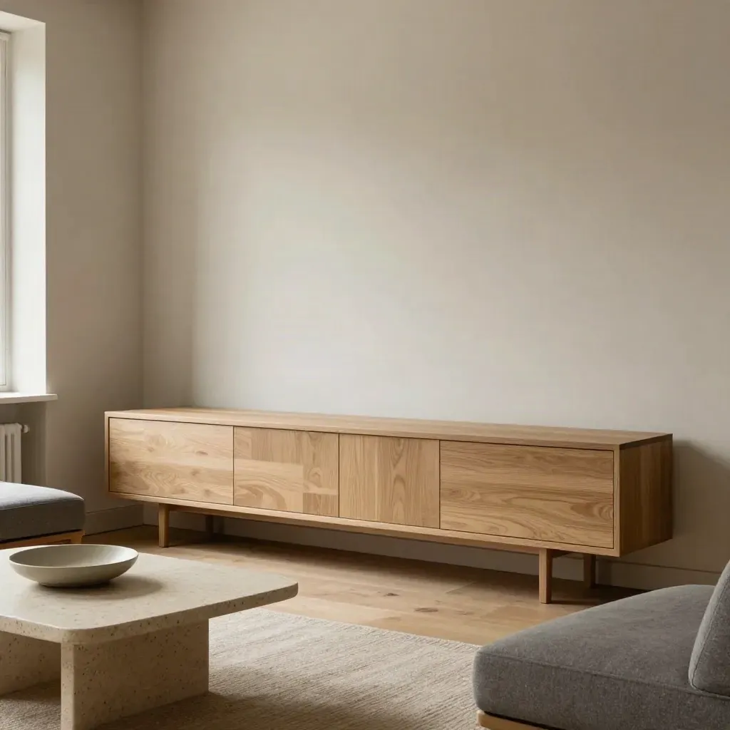 Angolo living moderno con madia sospesa, poltroncina grigio pietra e tavolino chiaro.