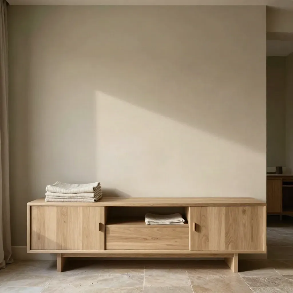 Parete beige e salvia con credenza chiara e tessuti grezzi in luce cinematografica.