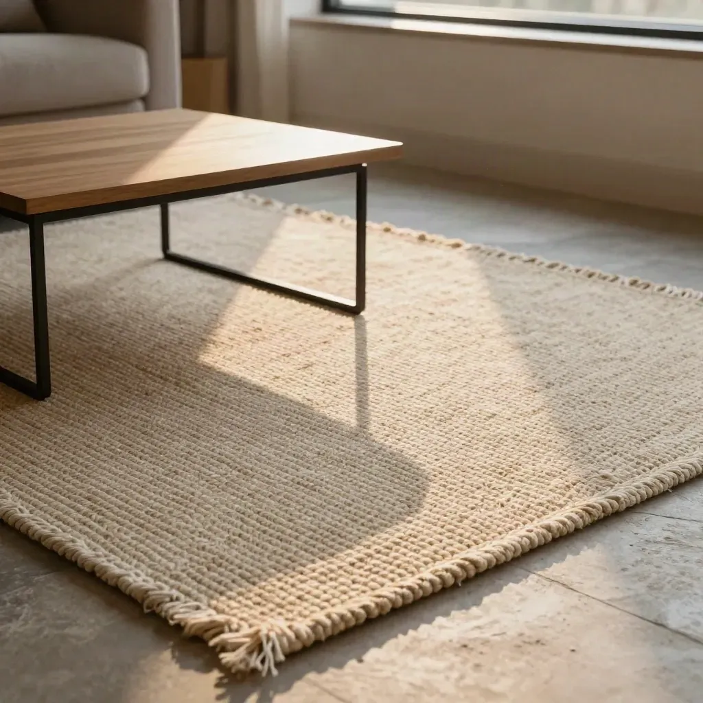 Rug piatto in fibra naturale sotto un tavolino, con divano sfocato e luce calda dalla finestra.