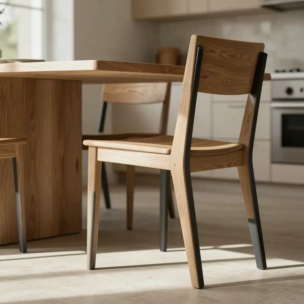 Sedie da pranzo in legno chiaro e metallo nero in una cucina luminosa, viste dal basso.