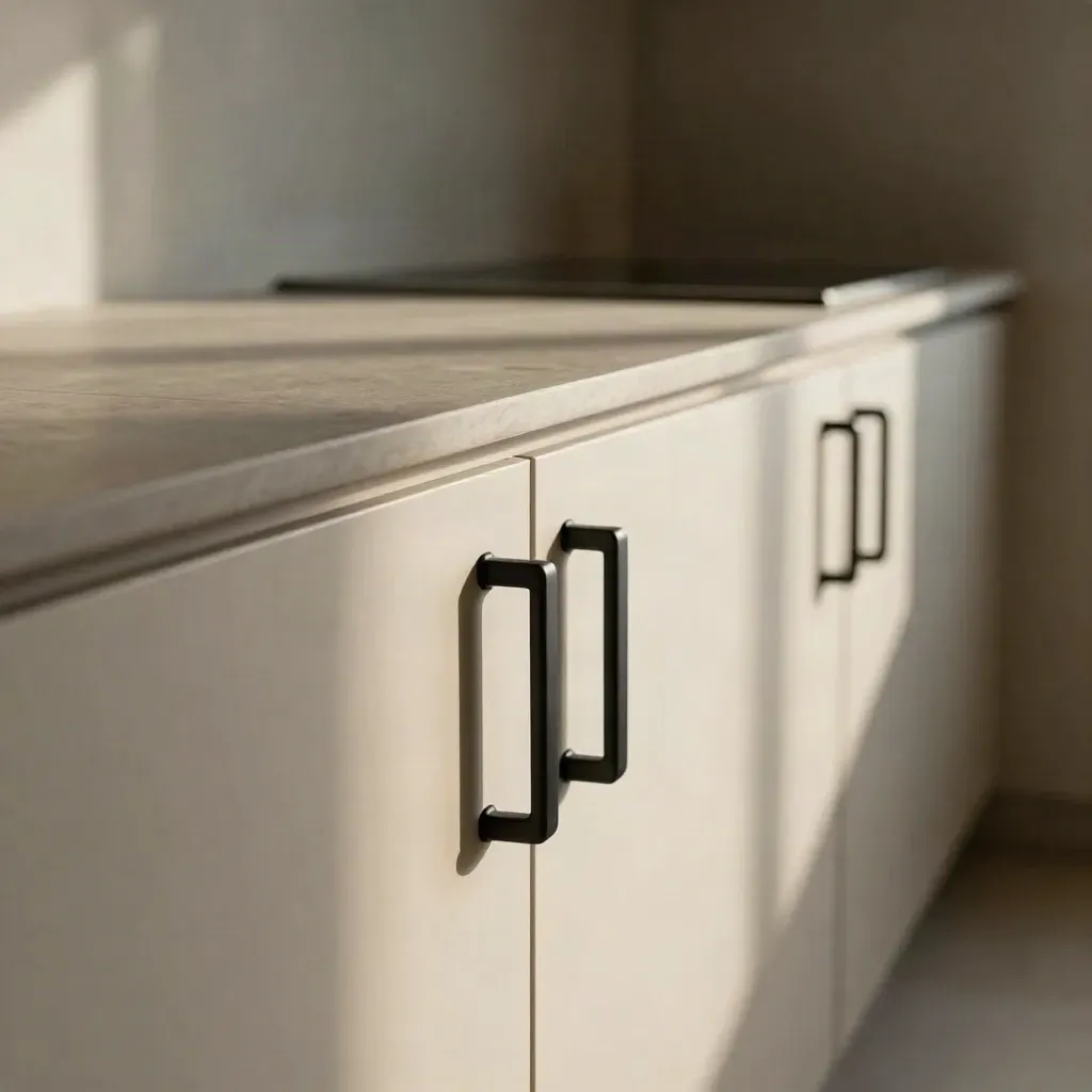 Maniglie nere opache su ante chiare, illuminate di lato in un interno minimal.