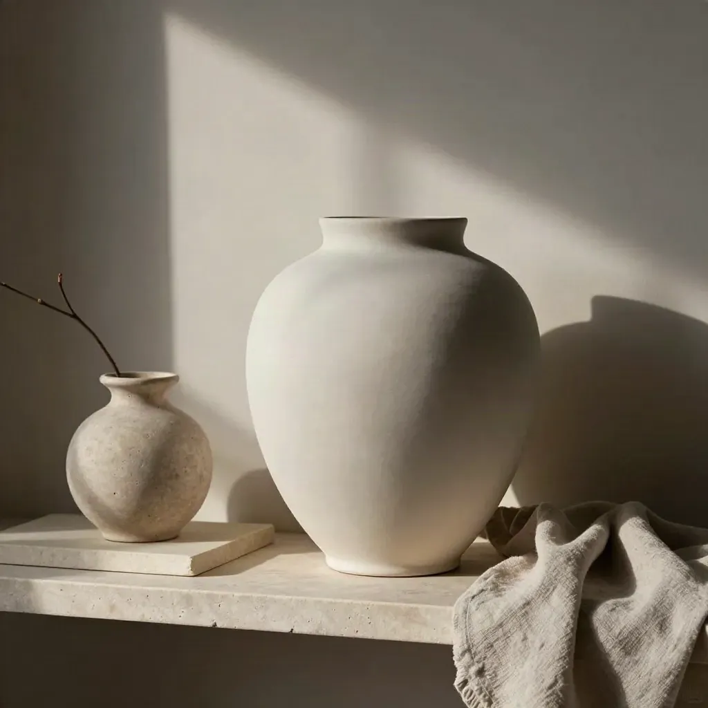 Lampada in ceramica con vaso basso, lino piegato e ramoscello su mensola chiara