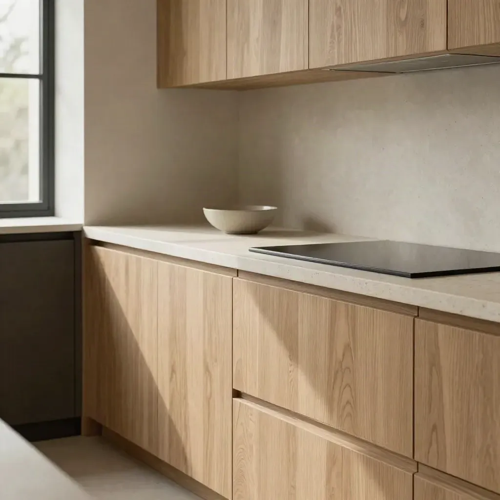 Frontale cucina in rovere chiaro, top in pietra e ciotola ceramica vicino al piano cottura.
