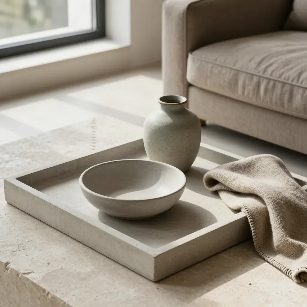 Vassoio in pietra con vaso, ciotola in gres, coperta piegata e bordo divano in soggiorno moderno.