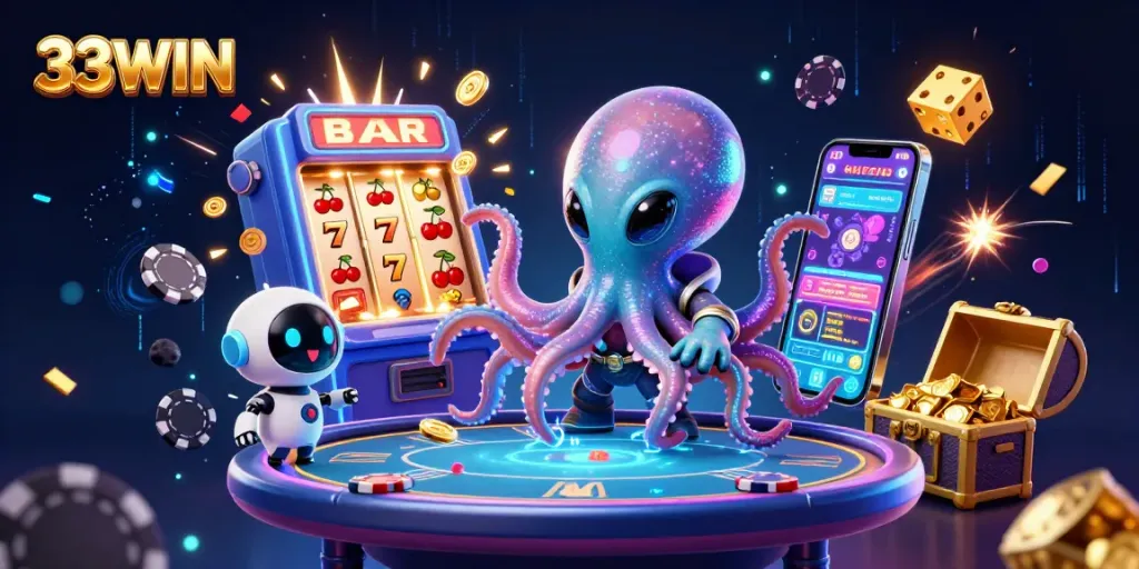 Engage with the colorful 33WIN casino universe featuring an alien octopus at a poker table.