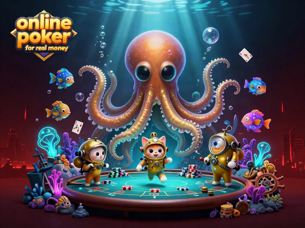Play exciting online poker games for real money with a colossal kraken, diving cat, and vibrant sea life.