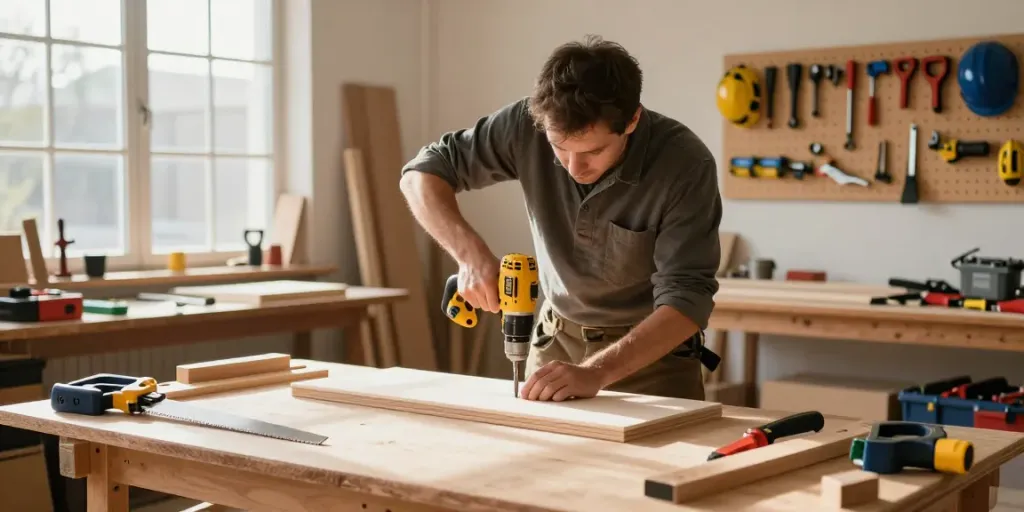 Carpentiere utilizza un avvitatore Dewalt in un laboratorio di falegnameria illuminato dal sole.