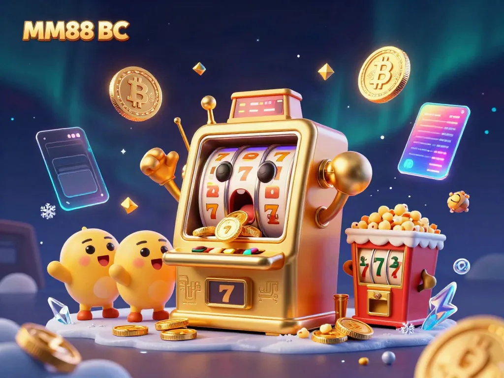 Experience MM88 BC's golden slot machine hitting the jackpot amidst cheerful baby slots and crypto elements.