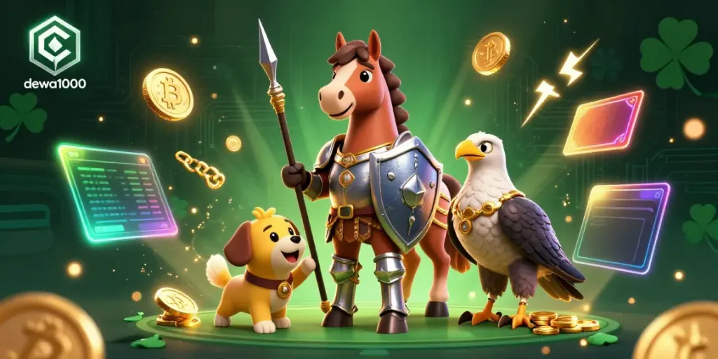Engage with dewa1000's vibrant 3D casino scene showcasing medieval fantasy with crypto elements.