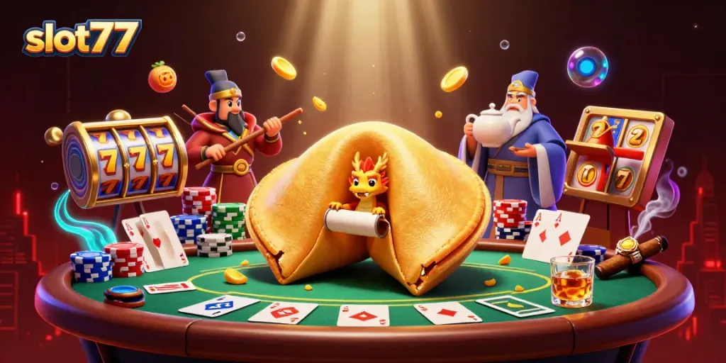 Experience thrilling slot777 action as a dragon reads fortunes amid a vibrant casino scene.