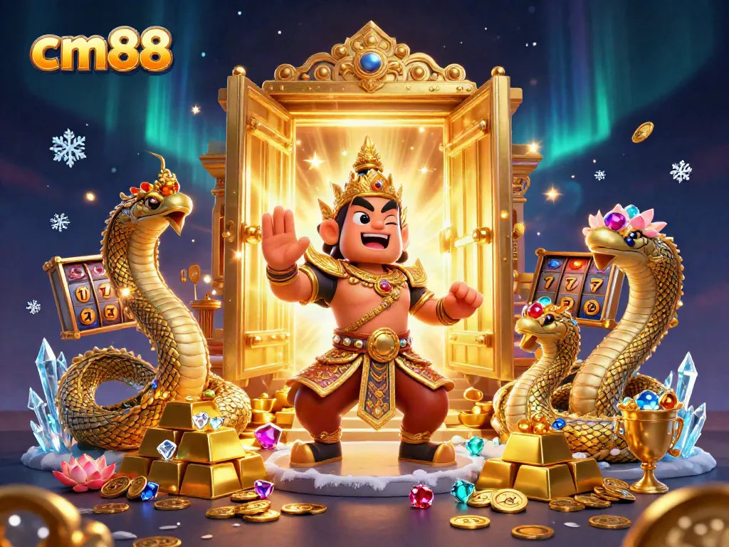 Engage with cm88's energetic scene of a cartoon Thai guardian, surrounded by treasures and gaming elements.