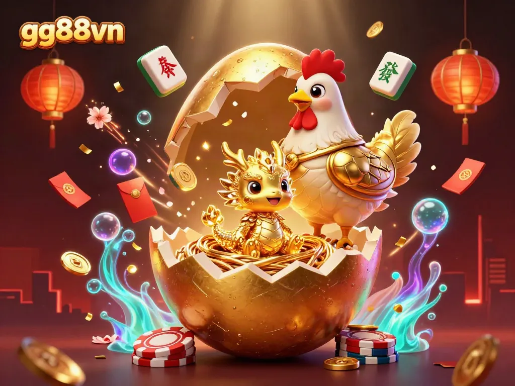 Experience the thrill of gg88vn with a vibrant 3D illustration of a golden dragon, poker chips, and festive elements.
