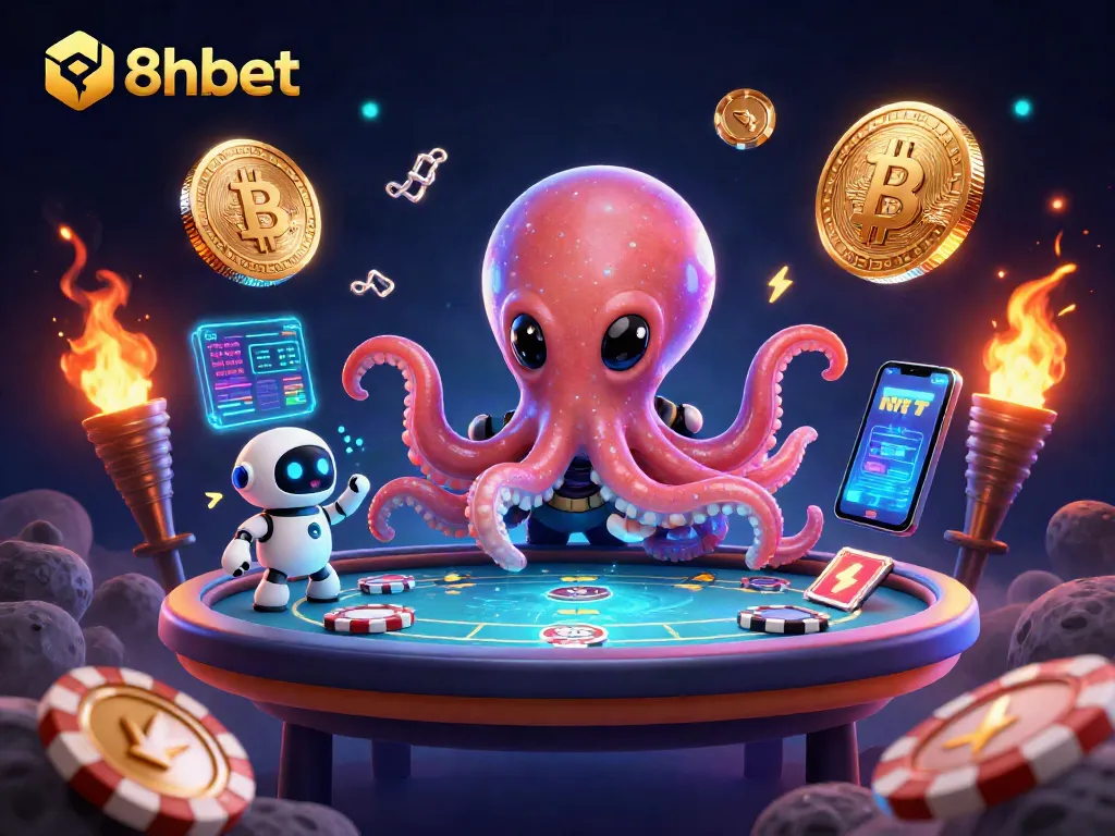 Engage with 8xbet as a glowing alien octopus and robot explore thrilling cosmic gaming.
