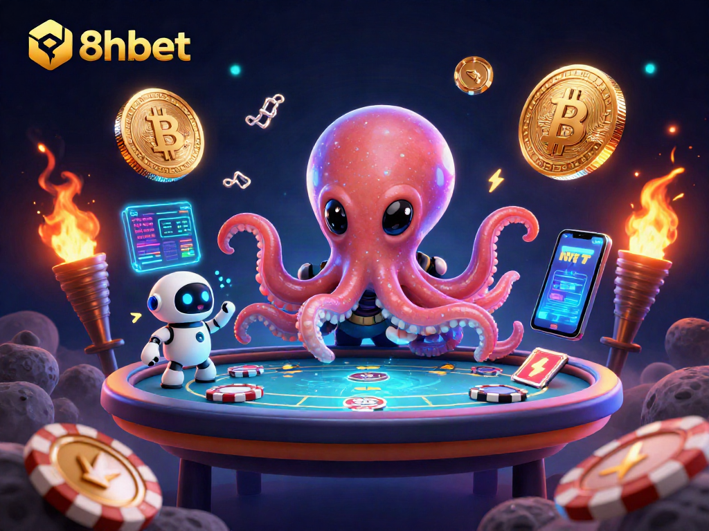 Engage with 8xbet as a glowing alien octopus and robot explore thrilling cosmic gaming.