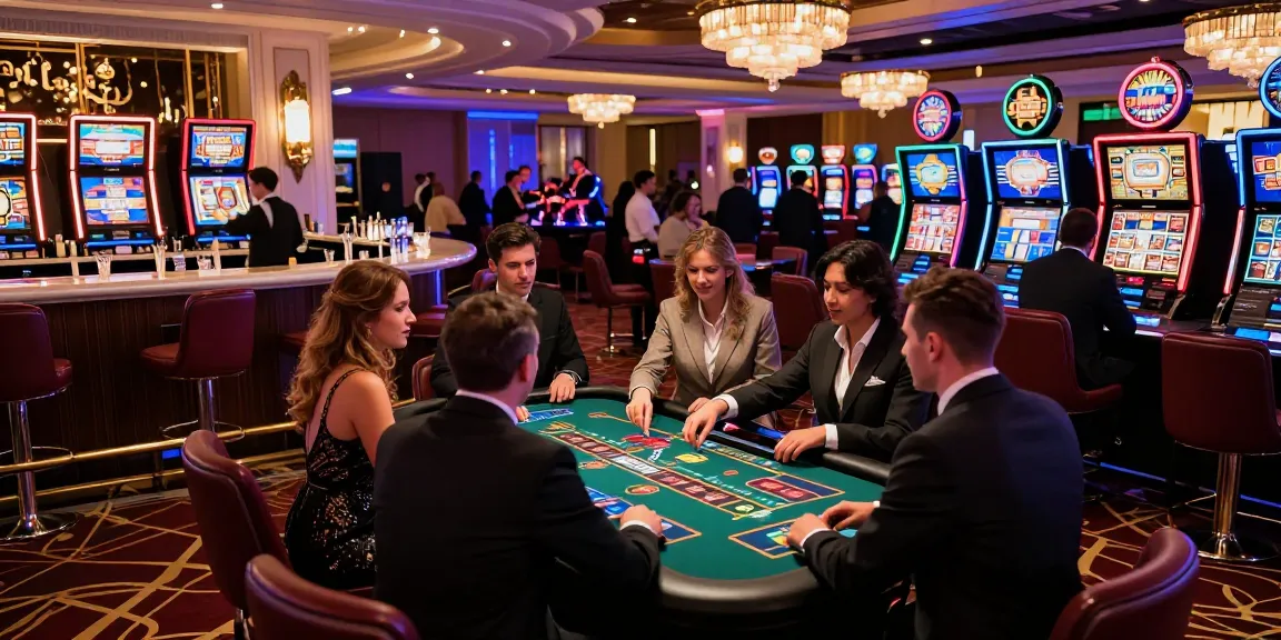Exciting rokok88 casino atmosphere with stylish players at gaming tables, vibrant lights, and premium drinks.