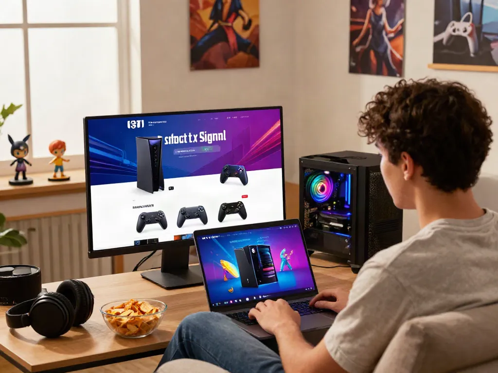 Exploring rokok88's gaming e-commerce site with vibrant product displays and cozy atmosphere.