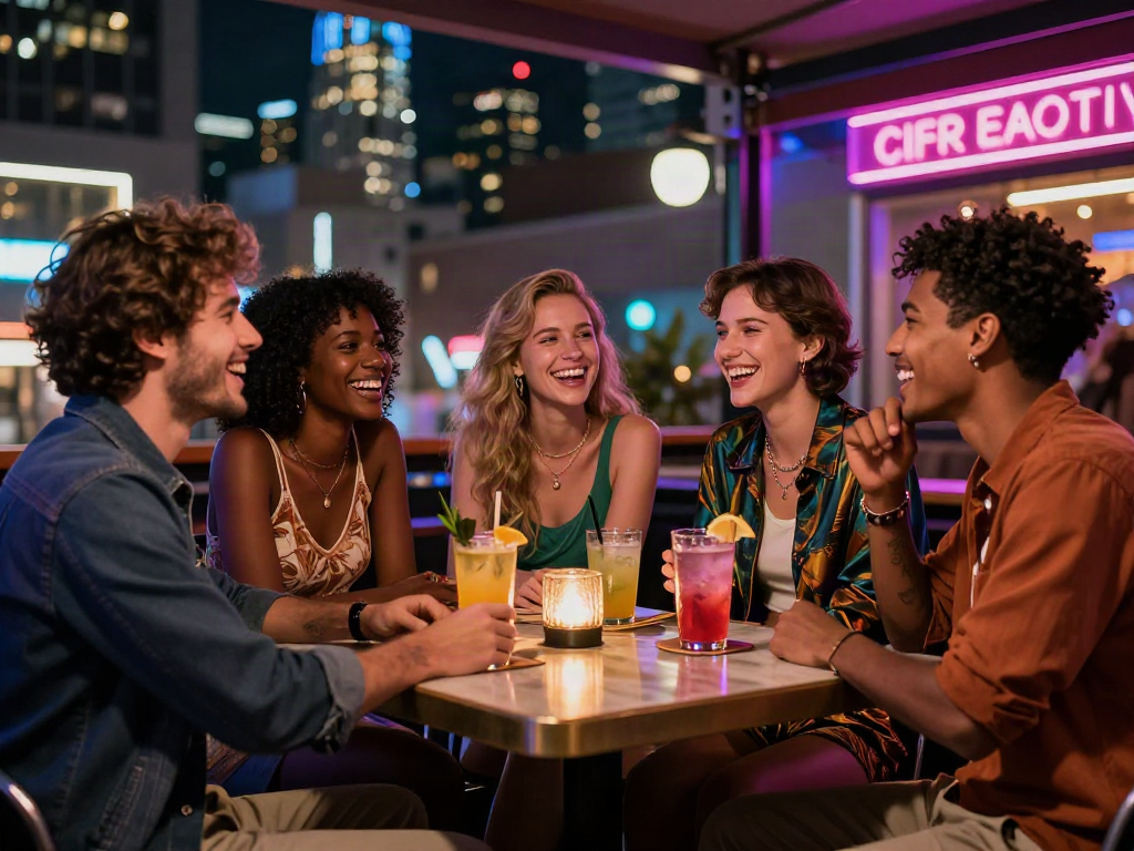 Engaging scene of diverse individuals enjoying vibrant nightlife, reflecting modern trends in קוקסינליות.