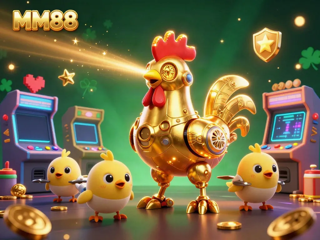 Experience the excitement of MM88 gaming with a golden rooster robot, dazzling game elements, and vibrant visuals.