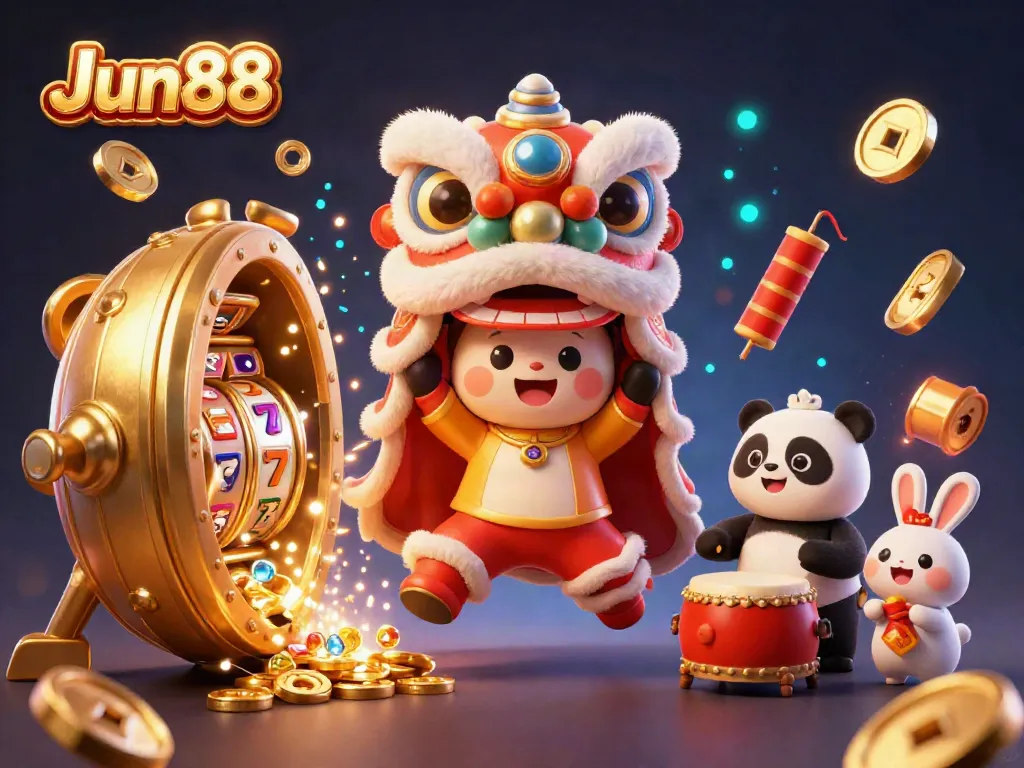 Celebrate gaming excitement with Jun88, featuring a festive lion dance surrounded by gold and jewels.